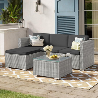 Songmics Garden Furniture Set, Pe Rattan Patio Furniture Set, Outdoor Corner Sofa Couch, With Cushions And Glass Table, Grey - image 1