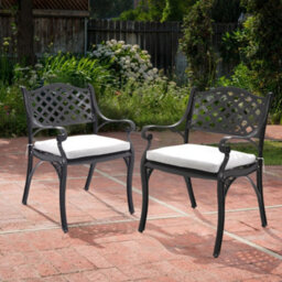 Living And Home Set Of 2 Black Retro Curved Seat Cast Aluminum Garden Chairs Patio Dining Armchair Set With Cushions - thumbnail 2