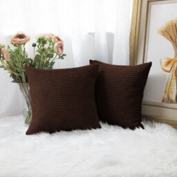 Ameha Stripe Velvet Coffee Cushion Cover 18X18 Inch Set Of 2, Soft Breathable Hypoallergenic Zip Closure - thumbnail 2