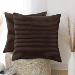 Ameha Stripe Velvet Coffee Cushion Cover 18X18 Inch Set Of 2, Soft Breathable Hypoallergenic Zip Closure