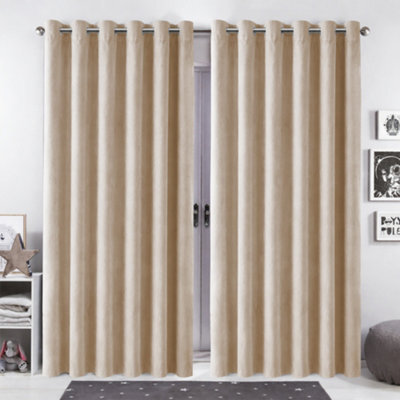 Bedlooms Beige Crushed Velvet Curtains Blackout Thermal Insulated Eyelet Curtain (Pair) 90 X 90 Inches With Tie Back Two - image 1