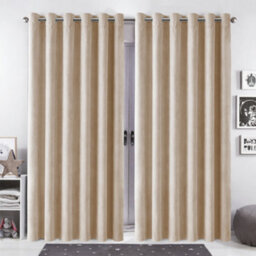 Bedlooms Beige Crushed Velvet Curtains Blackout Thermal Insulated Eyelet Curtain (Pair) 90 X 90 Inches With Tie Back Two
