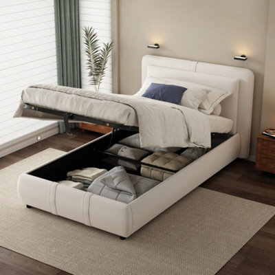 Btm 3Ft Single Upholstered Velvet Hydraulic Bed With Storage Removable Soft Headboard Beige - image 1