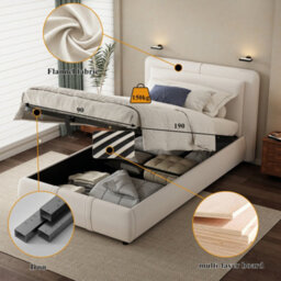 Btm 3Ft Single Upholstered Velvet Hydraulic Bed With Storage Removable Soft Headboard Beige - thumbnail 5
