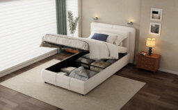 Btm 3Ft Single Upholstered Velvet Hydraulic Bed With Storage Removable Soft Headboard Beige - thumbnail 8