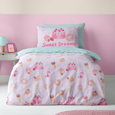 Catherine Lansfield Sweet Treats Reversible Double Duvet Cover Set With Pillowcases Pink - image 1