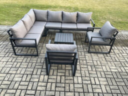 Fimous Aluminium Garden Furniture Set Outdoor Lounge Corner Sofa 2 Pcs Chair Square Coffee Table Sets Dark Grey 8 Seater - thumbnail 1