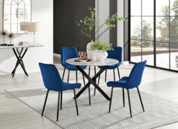 Furniturebox Uk Novara White Marble Black Leg Round Dining Table & 4 Navy Pesaro Black Leg Chairs