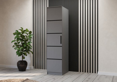 Arte Grey One-Door Wardrobe With Black Stripes - 5 Shelves, Black Handles, 50X200X61 Cm - image 1