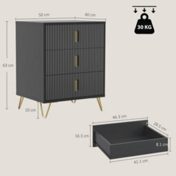 Homcom Modern 3 Drawer Dresser With Metal Legs And Steel Handles, Black - thumbnail 3
