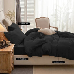 Ameha Plain Dyed Duvet Cover Complete Set With Matching Fitted Sheet & Pillowcase Microfiber Single Black - thumbnail 6