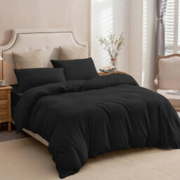 Ameha Plain Dyed Duvet Cover Complete Set With Matching Fitted Sheet & Pillowcase Microfiber Single Black - thumbnail 5