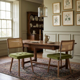 London Boutique Set Of 2 Rattan Dining Chairs Set W/ Padded Velvet Seat (W)47Cm (D)57Cm (H)80Cm - Green