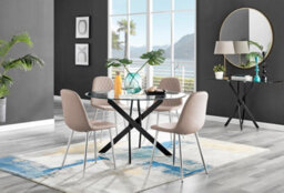 Furniturebox Uk Novara Black Leg 120Cm Round Glass Dining Table & 4 Cappuccino Corona Silver Chairs - thumbnail 1