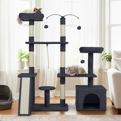 Costway 136 Cm Tall Cat Tree Tower Multi-Level Kitten Play House W/ Sisal Scratching Posts-Dark Grey - image 1