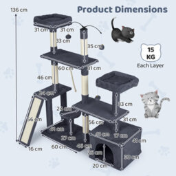 Costway 136 Cm Tall Cat Tree Tower Multi-Level Kitten Play House W/ Sisal Scratching Posts-Dark Grey - thumbnail 2