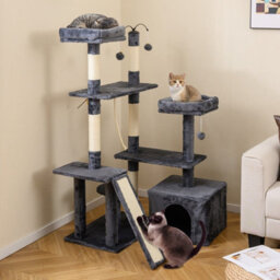 Costway 136 Cm Tall Cat Tree Tower Multi-Level Kitten Play House W/ Sisal Scratching Posts-Dark Grey - thumbnail 3