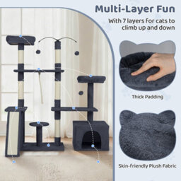 Costway 136 Cm Tall Cat Tree Tower Multi-Level Kitten Play House W/ Sisal Scratching Posts-Dark Grey - thumbnail 9