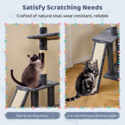 Costway 136 Cm Tall Cat Tree Tower Multi-Level Kitten Play House W/ Sisal Scratching Posts-Dark Grey - thumbnail 6