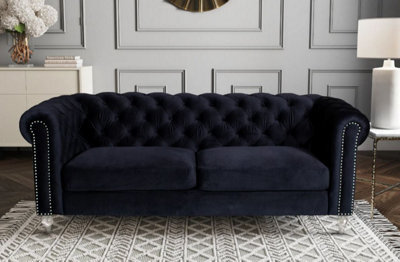 Velvet Black 3 Seater Chesterfield Sofa With Acrylic Feet - image 1