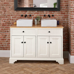 Homestylestore 1210mm Antique White And Oak Bathroom Vanity Unit With Square Countertop Basins And Black Round Handles - thumbnail 3