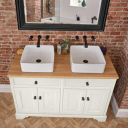 Homestylestore 1210mm Antique White And Oak Bathroom Vanity Unit With Square Countertop Basins And Black Round Handles - thumbnail 2