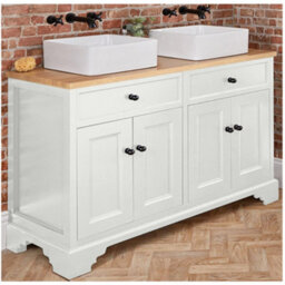 Homestylestore 1210mm Antique White And Oak Bathroom Vanity Unit With Square Countertop Basins And Black Round Handles - thumbnail 1