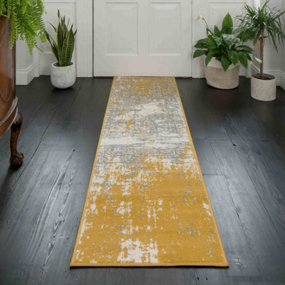 Loomed Yellow Ochre Grey Distressed Abstract Living Room Runner Rug 60X240Cm - image 1