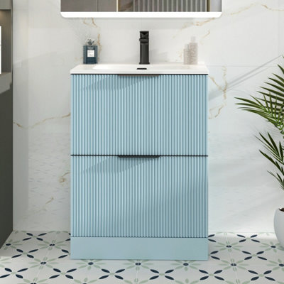 Royal Bathrooms Evora 700mm Powder Blue Fluted Floor Standing Bathroom Vanity Unit 2 Drawer With Ceramic Basin & Matt Black Handle - image 1