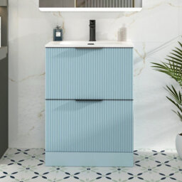Royal Bathrooms Evora 700mm Powder Blue Fluted Floor Standing Bathroom Vanity Unit 2 Drawer With Ceramic Basin & Matt Black Handle - thumbnail 1