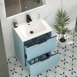 Royal Bathrooms Evora 700mm Powder Blue Fluted Floor Standing Bathroom Vanity Unit 2 Drawer With Ceramic Basin & Matt Black Handle - thumbnail 4
