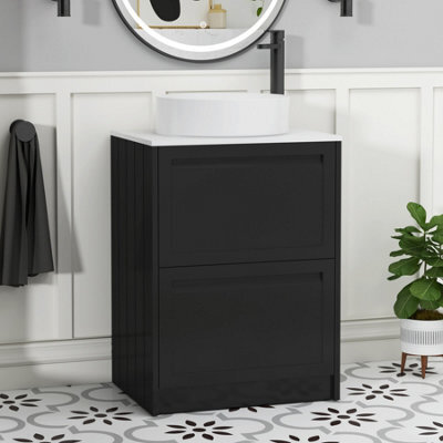 Royal Bathrooms Royal Bathroom Elmore 600mm Matt Nocturne Black Freestanding Bathroom Vanity Unit 2 Drawer Plain White Worktop With Art Basin - image 1