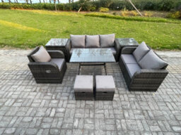 Fimous 8 Pcs Outdoor Lounge Sofa Set Wicker Pe Rattan Garden Furniture Set With Dining Table Armchair 2 Small Footstools - thumbnail 1