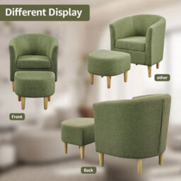 Chair Accent Armchair + Ottoman Green Fabric Modern Barrel Chair Living Room - thumbnail 4