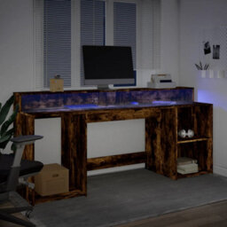 Berkfield Desk With Led Lights Smoked Oak 200X55X91 Cm Engineered Wood - thumbnail 5