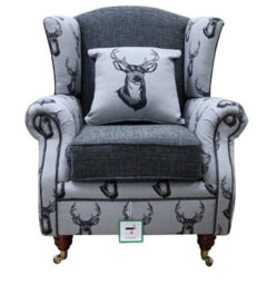 Fabric Wing Chair Fireside High Back Armchair Deer Print Charcoal Grey - thumbnail 2
