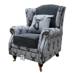 Fabric Wing Chair Fireside High Back Armchair Deer Print Charcoal Grey - thumbnail 3