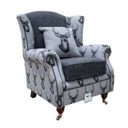 Fabric Wing Chair Fireside High Back Armchair Deer Print Charcoal Grey - thumbnail 1