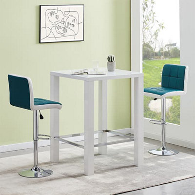 Furniture in Fashion Jam Square Glass White Gloss Bar Table 2 Copez Teal Stools - image 1