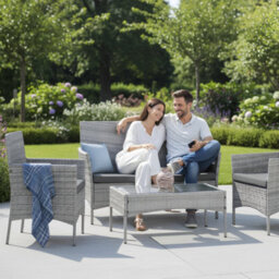 Keplin 4-Piece Rattan Garden Furniture Set Outdoor Lounger Sofa, Stackable Chairs & Bistro Table Uv-Resistant, Easy Storage, Grey - thumbnail 6