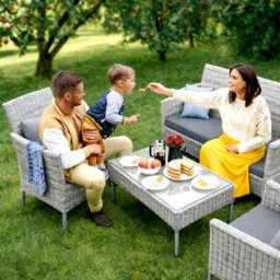 Keplin 4-Piece Rattan Garden Furniture Set Outdoor Lounger Sofa, Stackable Chairs & Bistro Table Uv-Resistant, Easy Storage, Grey - thumbnail 7