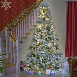 Shatchi 8Ft Pre-Lit Snowy Helsinki Fir Snow Covered Flocked Luxurious Artificial Green Christmas Tree - thumbnail 5