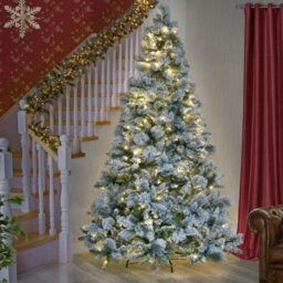 Shatchi 8Ft Pre-Lit Snowy Helsinki Fir Snow Covered Flocked Luxurious Artificial Green Christmas Tree