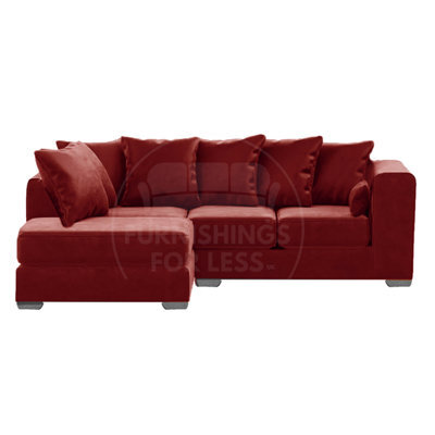 Furnishings For Less UK Ella Boxed Arm Plush Velvet 3 To 4 Seater L Shaped Corner Sofa  Red Left Hand Facing