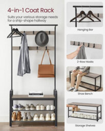 Songmics Vasagle Multi-Function Entryway Stand, Combined Coat Hanger With Seating And Shoe Storage, Greige And Black - thumbnail 4