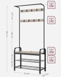 Songmics Vasagle Multi-Function Entryway Stand, Combined Coat Hanger With Seating And Shoe Storage, Greige And Black - thumbnail 2