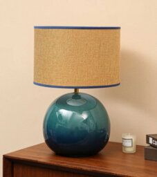 K Living Lata Blue Ceramic Table Lamp 44Cm Tall Glossy Glazed Base With Textured Fabric Shade - thumbnail 1