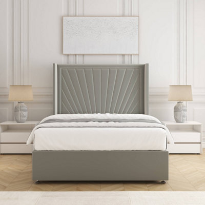 Bsspoke Alina Divan Bed Set Silver Plush Velvet 54Inch Wingedback Panel Headboard & Mattress No Drawers In All Sizes - image 1