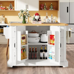 Btm Mobile Kitchen Island Cart 45-75Cm Wheels Cabinet 2 Doors 6 Drawers Adjustable Width Storage White Black Kitchen Furniture - thumbnail 4