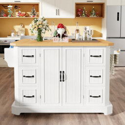 Btm Mobile Kitchen Island Cart 45-75Cm Wheels Cabinet 2 Doors 6 Drawers Adjustable Width Storage White Black Kitchen Furniture - thumbnail 3